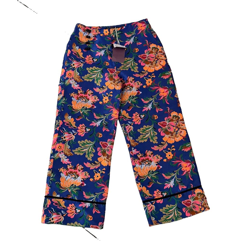 New Zara Trafaluc Blue Floral Jacquard Kimono Detail Cropped Pants XS NWT